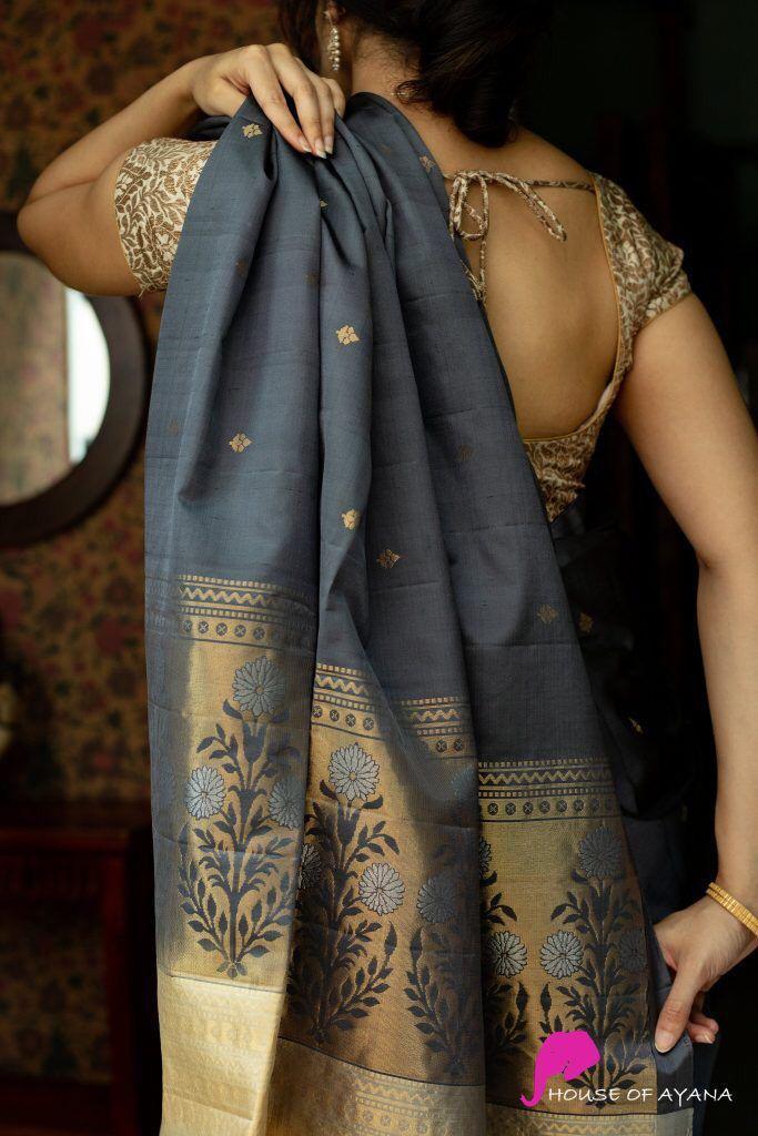 Snappy Grey Soft Silk Saree With Elision Blouse Piece