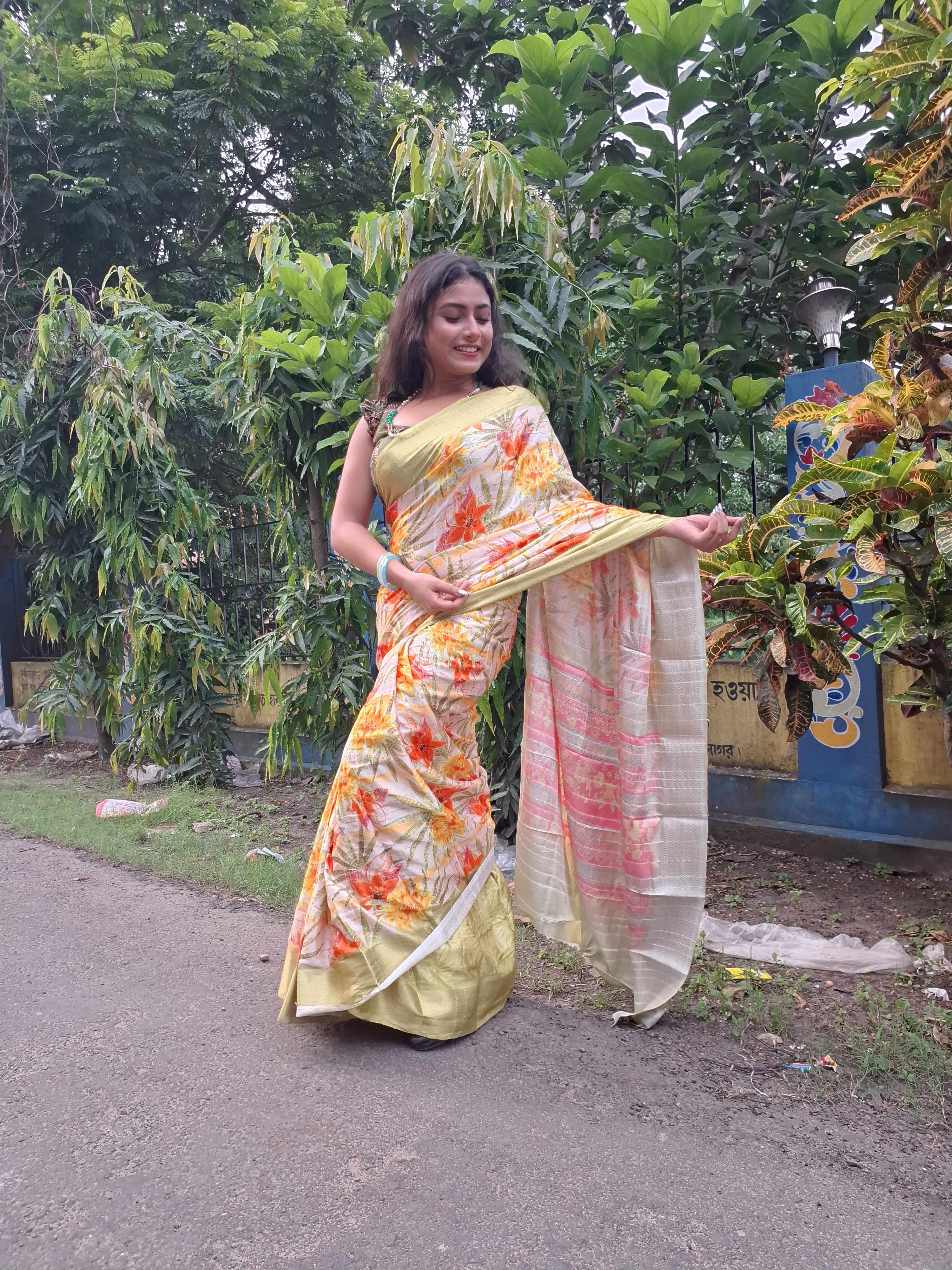 Yellow Green silk saree