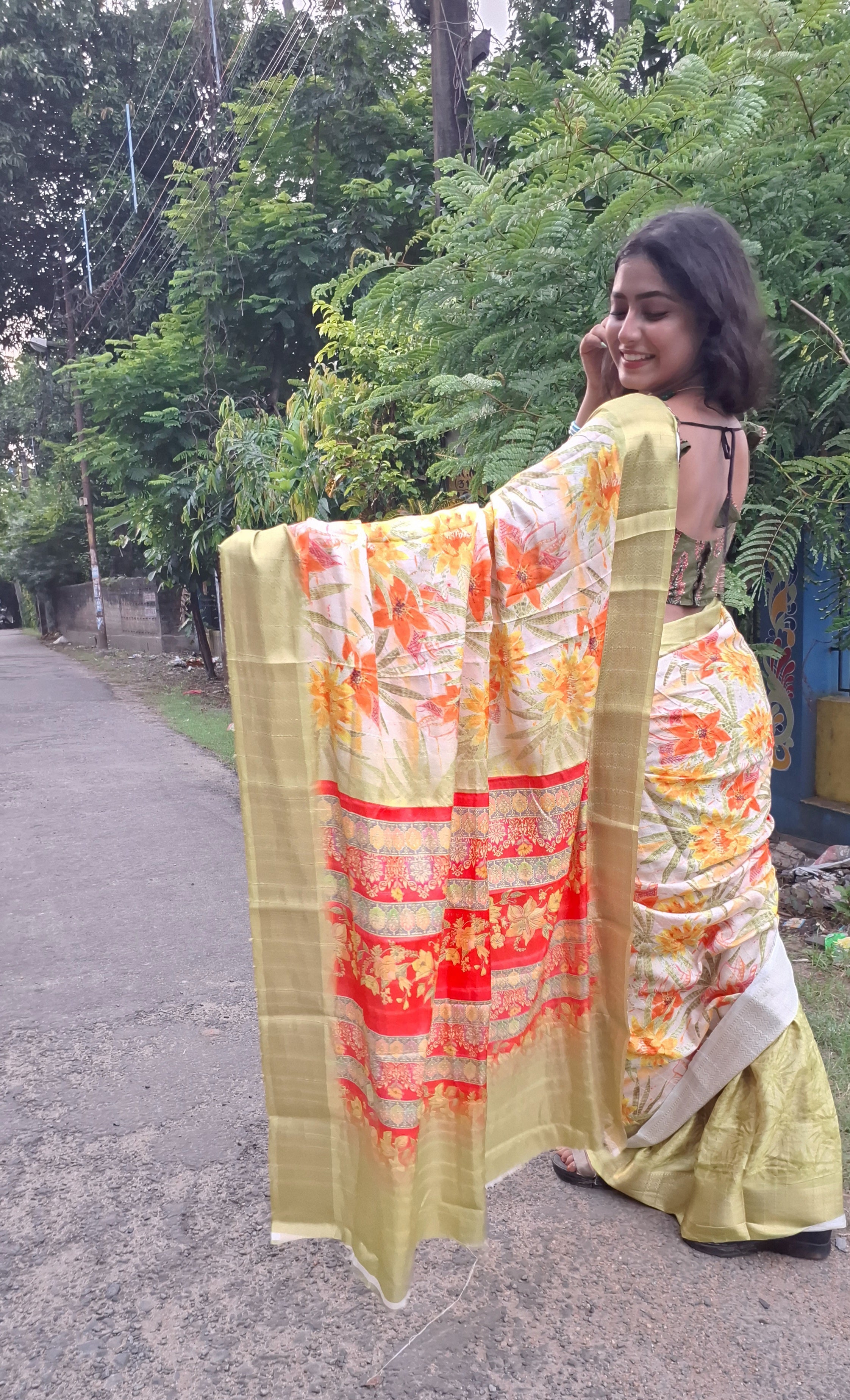 Yellow Green silk saree