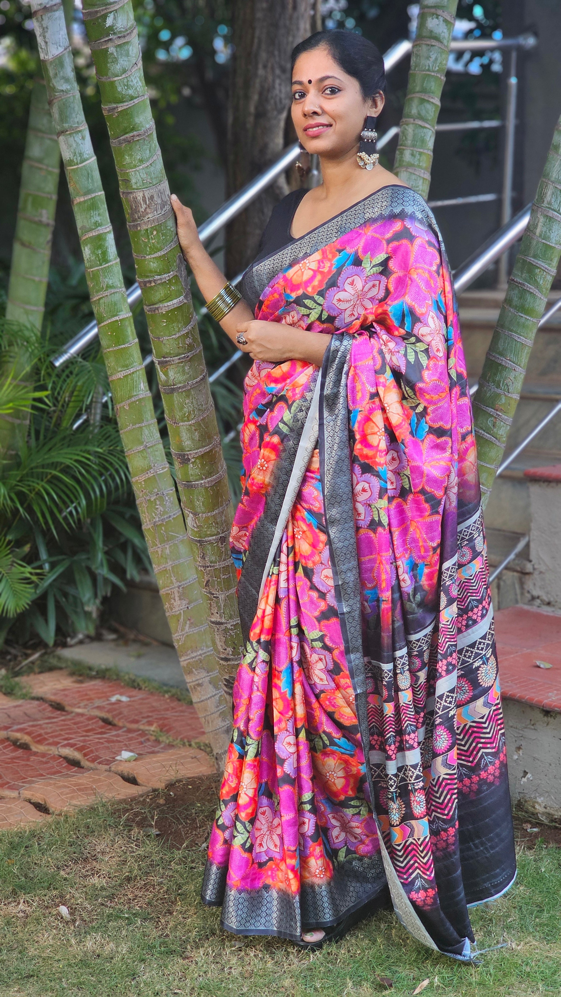 Dark Grey Dola Silk Digitally Printed Saree Weaved With Attractive Lace Comes With Tassels