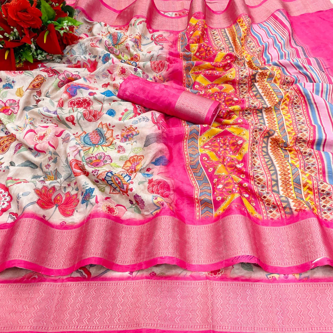 Floral light Pink Printed Saree