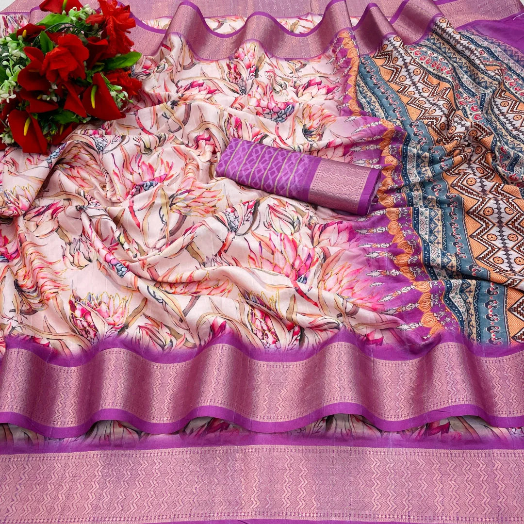 Pink Dola Silk Digitally Printed Saree Weaved With Attractive Lace Comes With Tassels