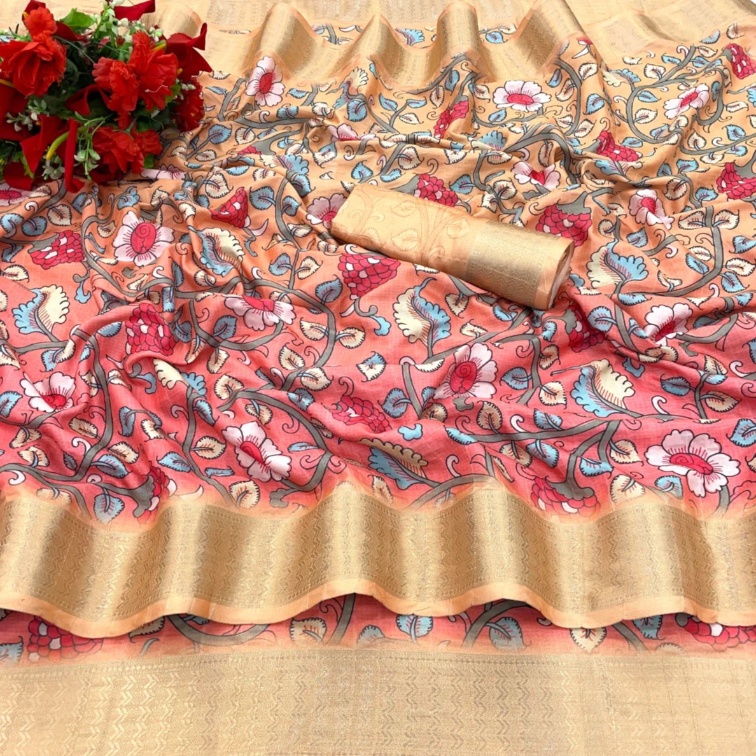 Pink Dola Silk Digitally Printed Saree Weaved With Attractive Lace Comes With Tassels