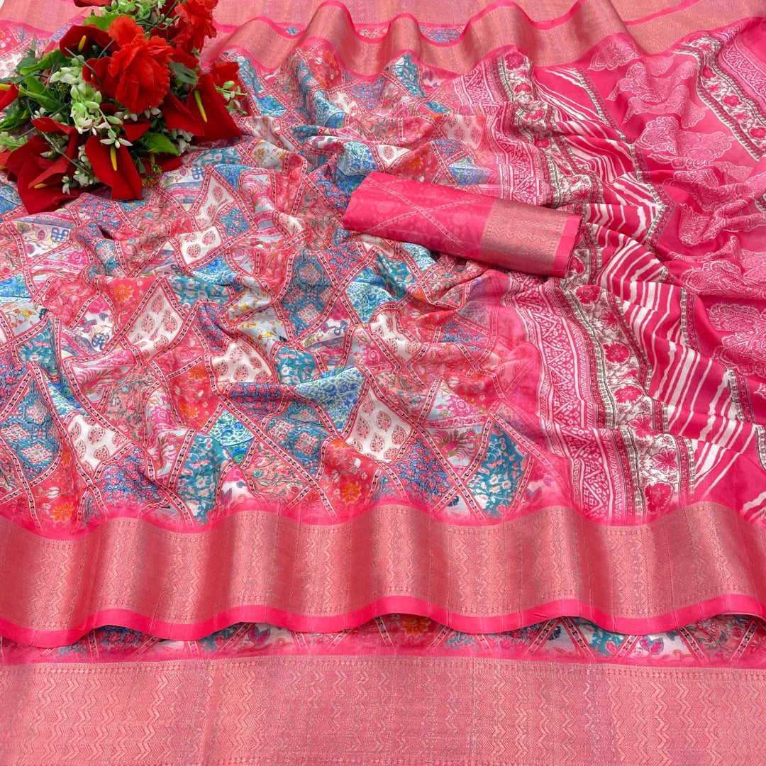 Pink Dola Silk Digital Printed Saree With Attractive Lace And Blouse Piece