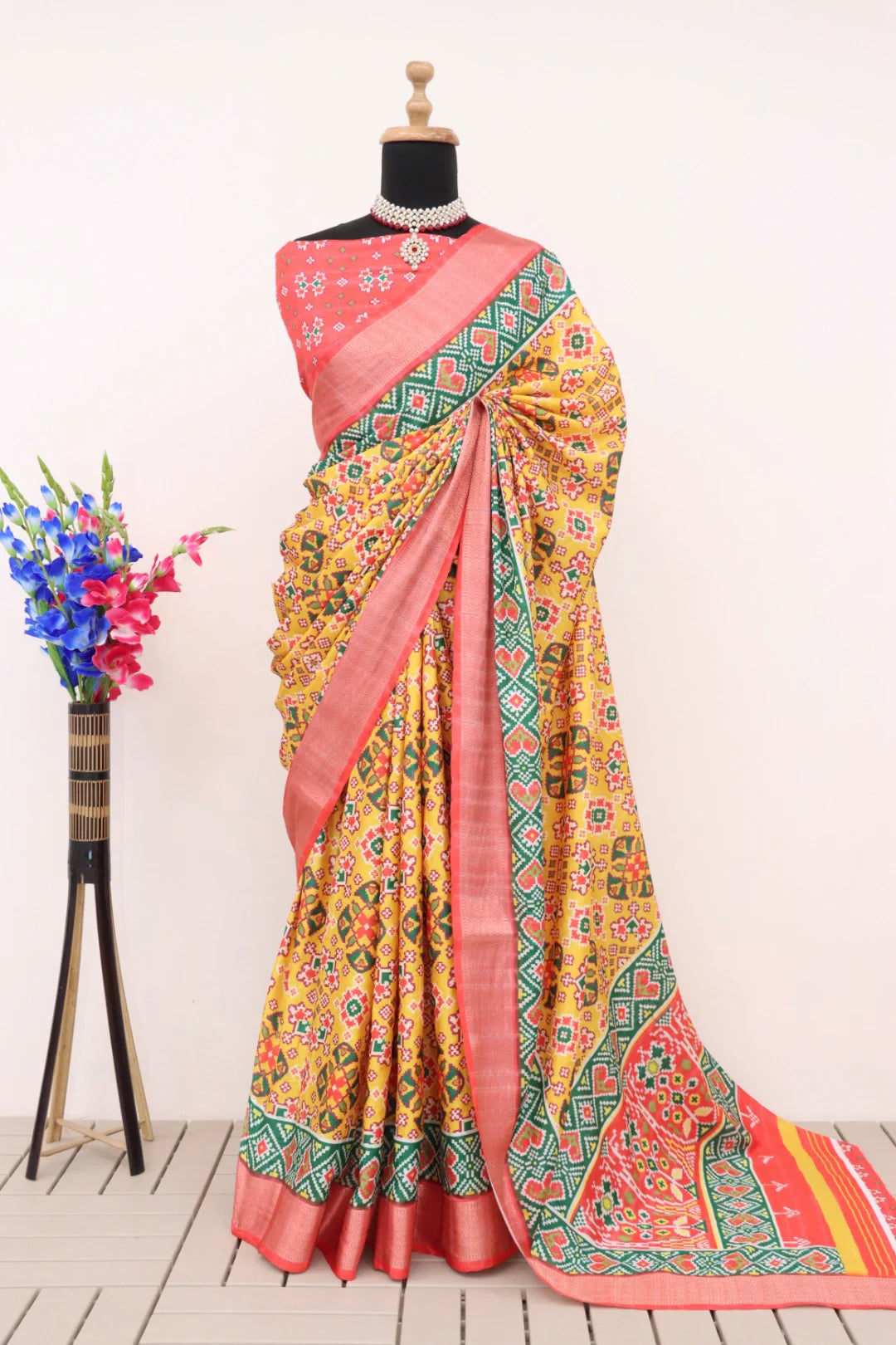 Yellow Dola Silk Digitally Printed Saree Weaved With Attractive Lace Comes With Tassels