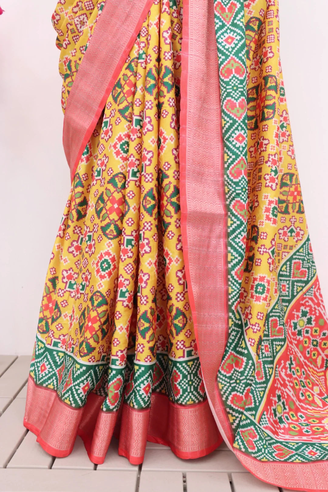 Yellow Dola Silk Digitally Printed Saree Weaved With Attractive Lace Comes With Tassels