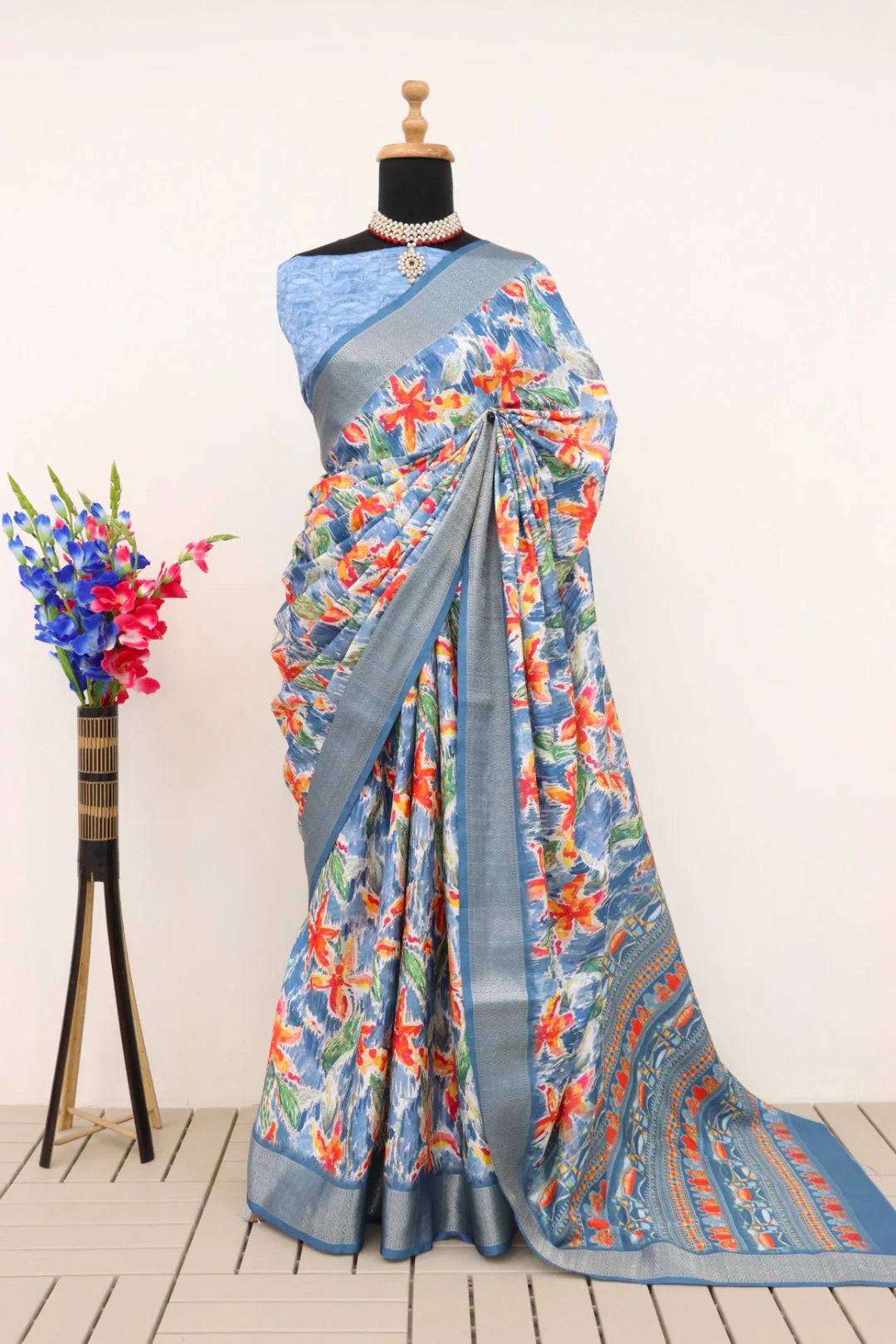 Royal Blue Dola Silk Digitally Printed Saree Weaved With Attractive Lace Comes With Tassels