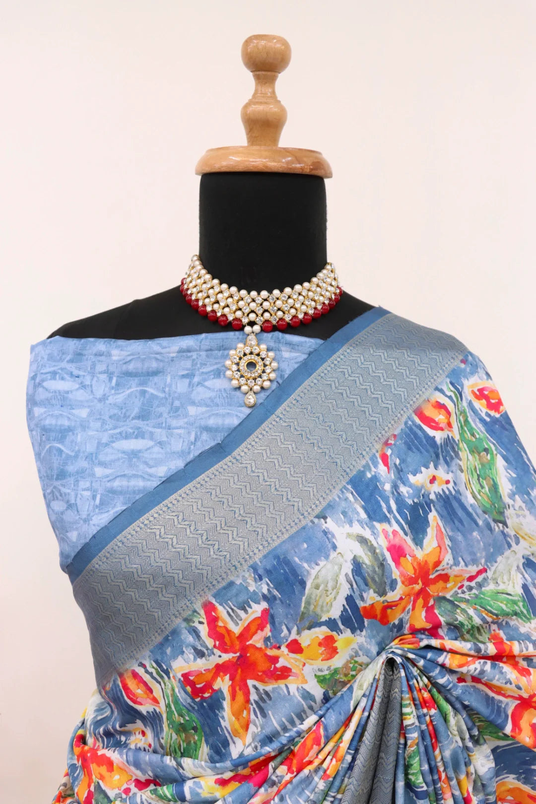 Royal Blue Dola Silk Digitally Printed Saree Weaved With Attractive Lace Comes With Tassels