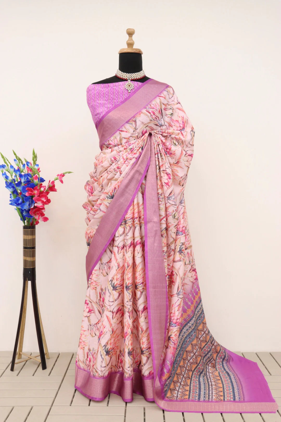 Pink Dola Silk Digitally Printed Saree Weaved With Attractive Lace Comes With Tassels