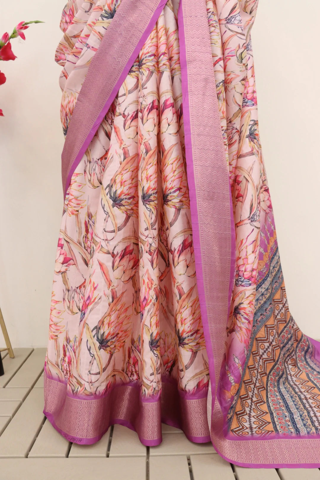 Pink Dola Silk Digitally Printed Saree Weaved With Attractive Lace Comes With Tassels