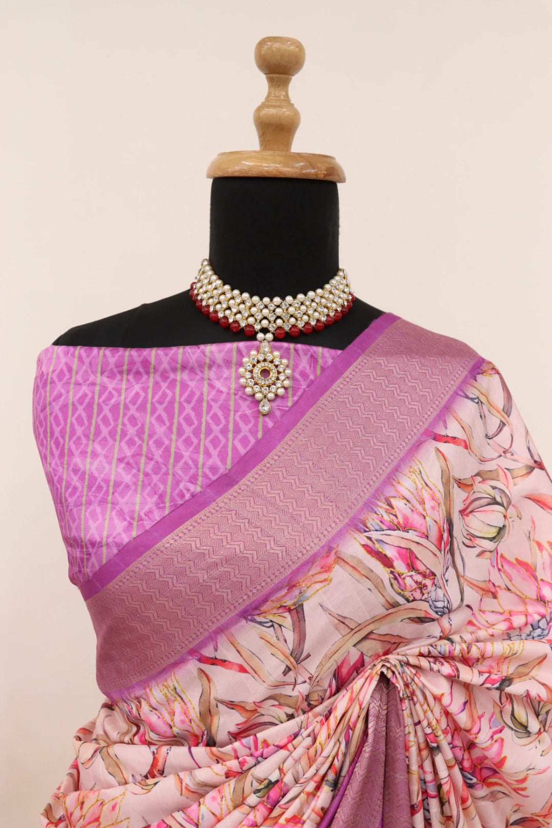 Pink Dola Silk Digitally Printed Saree Weaved With Attractive Lace Comes With Tassels