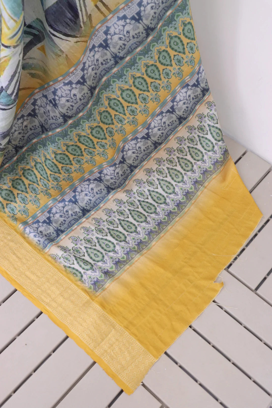 Yellow Dola Silk Digitally Printed Saree Weaved With Attractive Lace Comes With Tassels