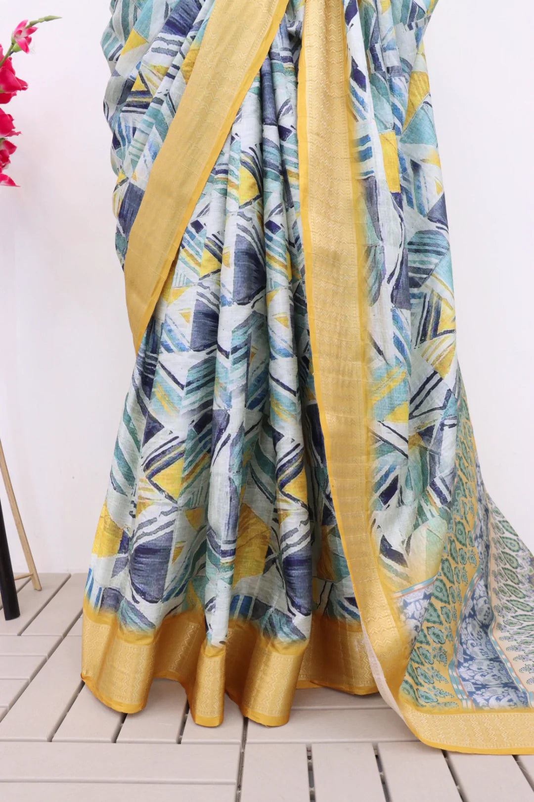 Yellow Dola Silk Digitally Printed Saree Weaved With Attractive Lace Comes With Tassels