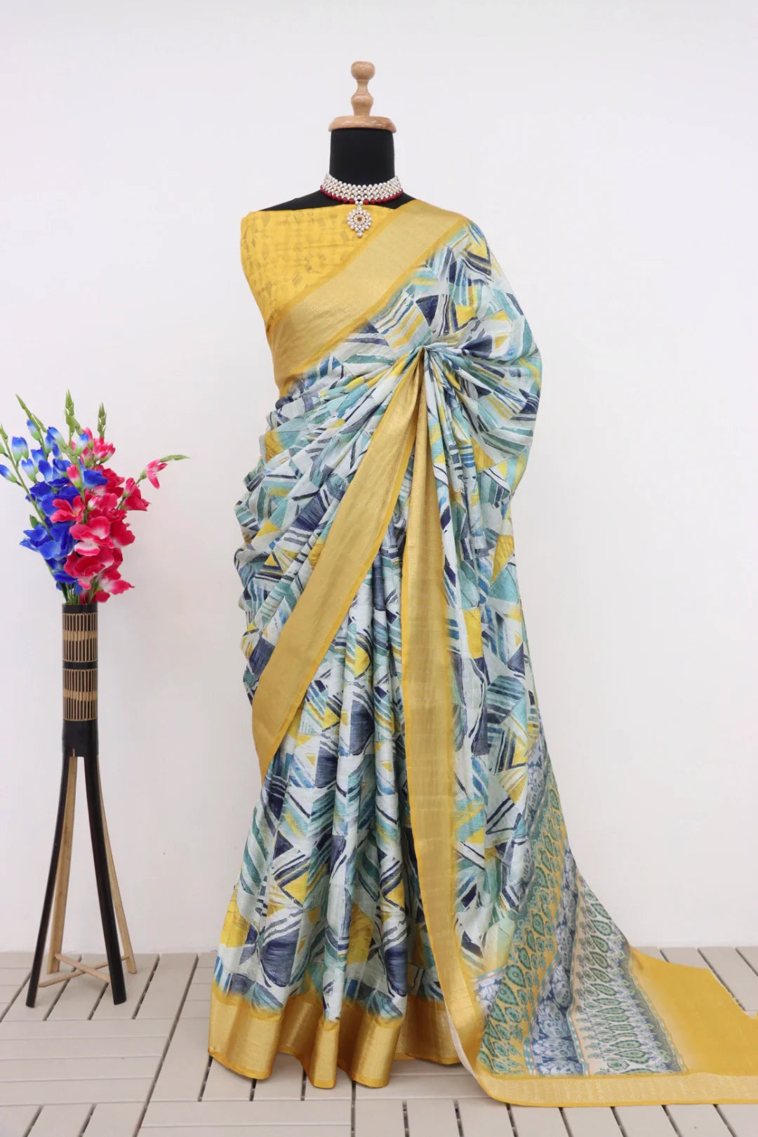 Yellow Dola Silk Digitally Printed Saree Weaved With Attractive Lace Comes With Tassels