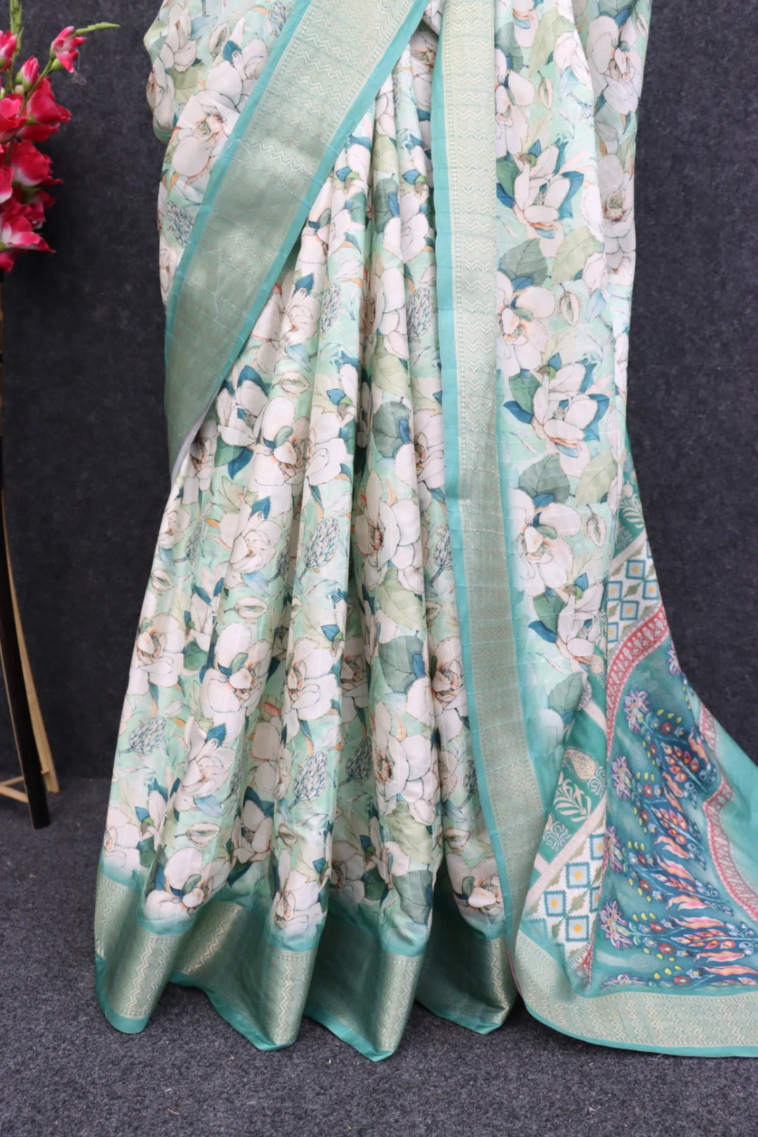 White Dola Silk Digitally Printed Saree Weaved With Attractive Lace Comes With Tassels