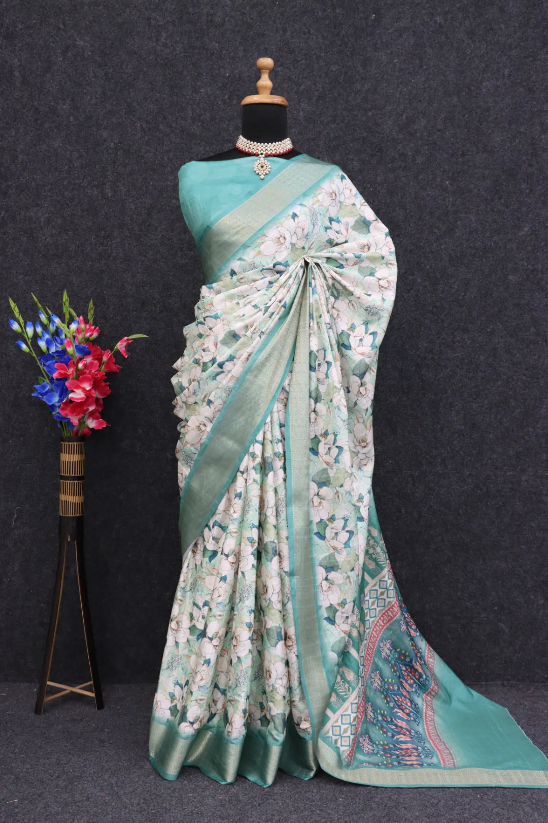 White Dola Silk Digitally Printed Saree Weaved With Attractive Lace Comes With Tassels