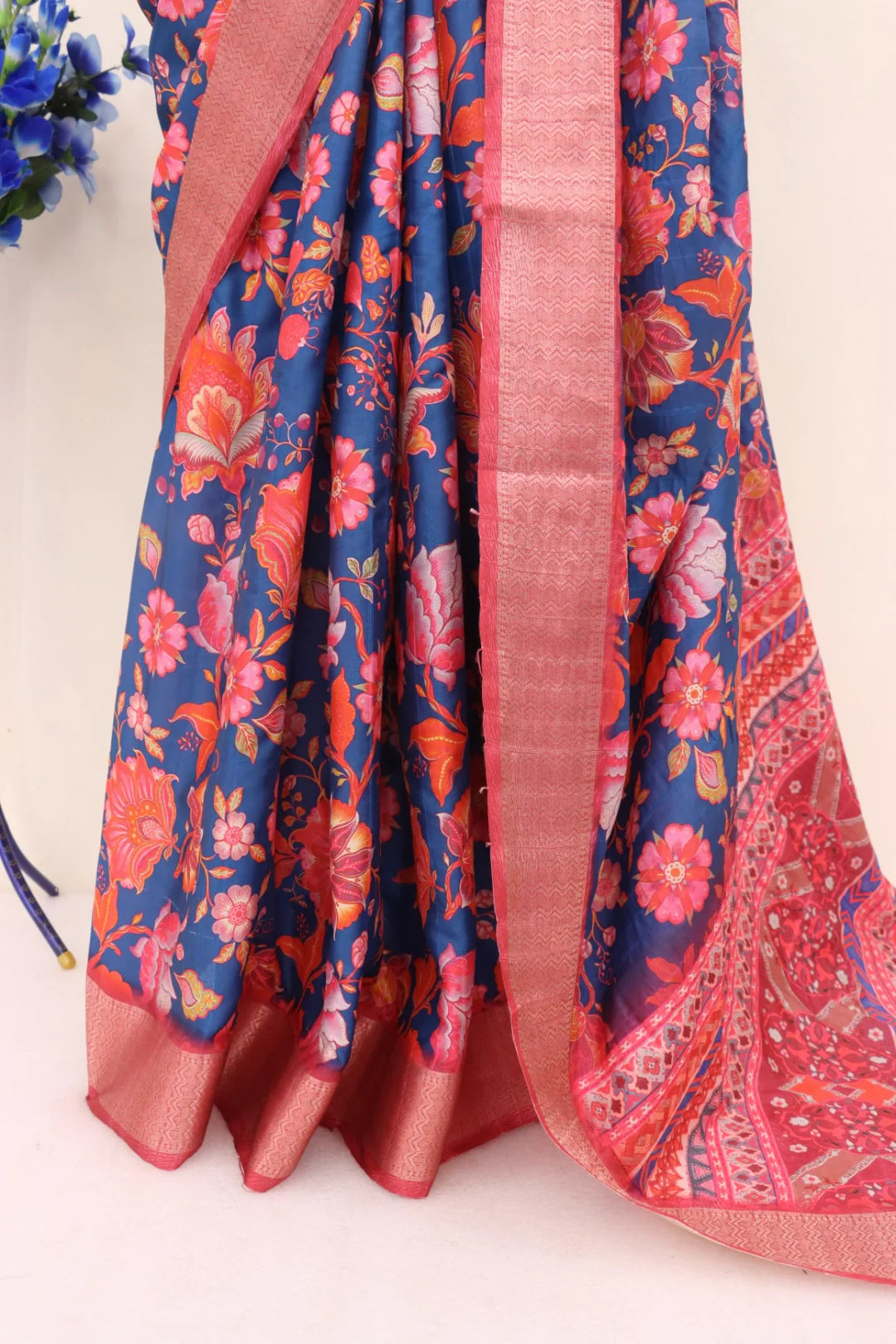 Dark Pink and Blue Silk Saree