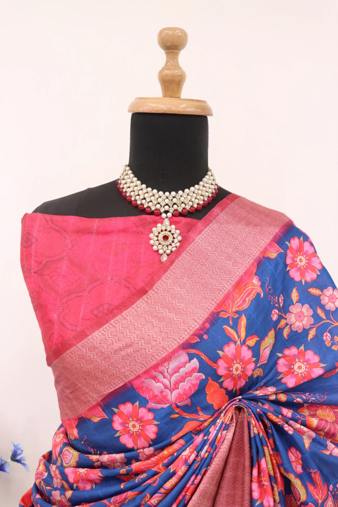 Dark Pink and Blue Silk Saree