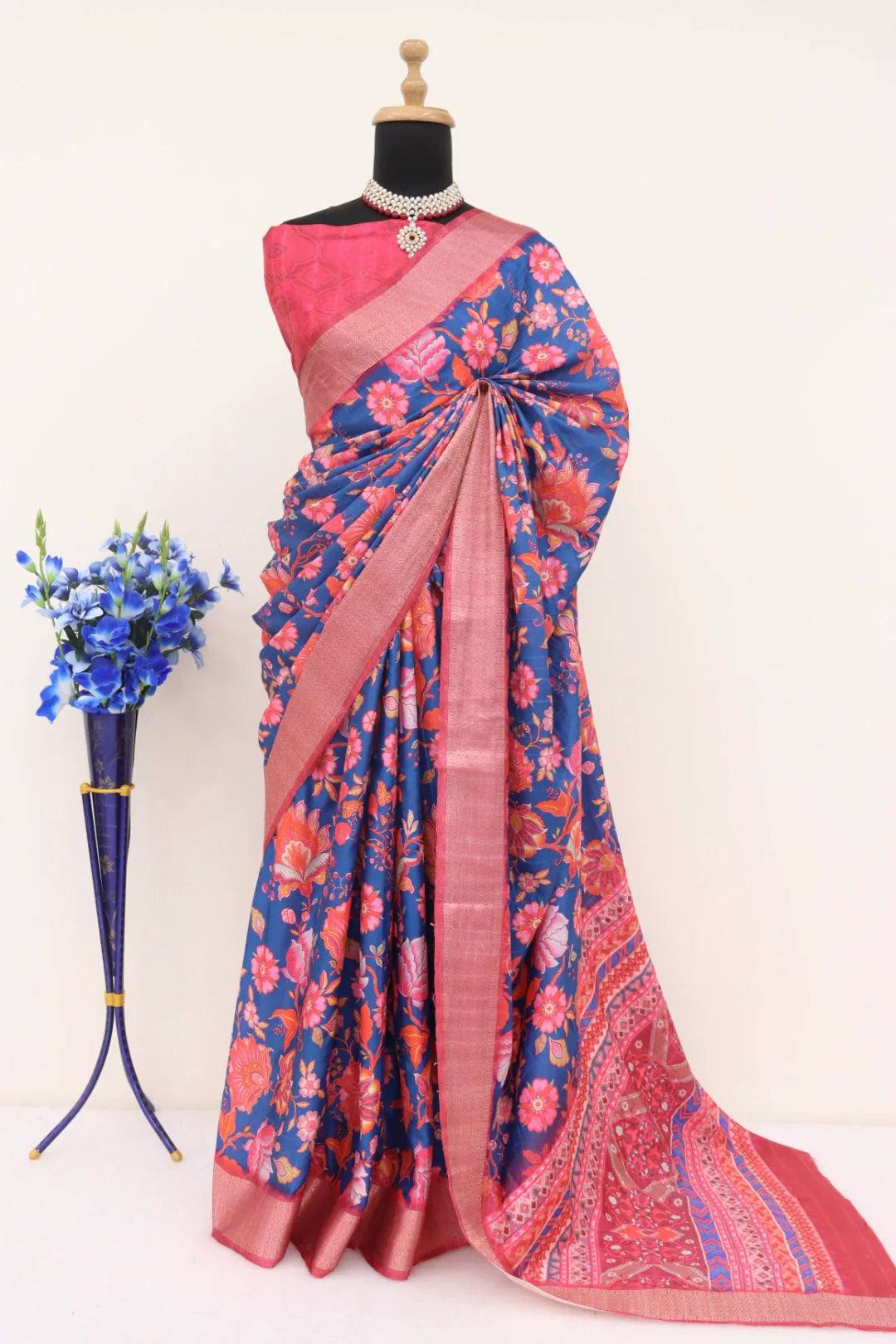 Dark Pink and Blue Silk Saree