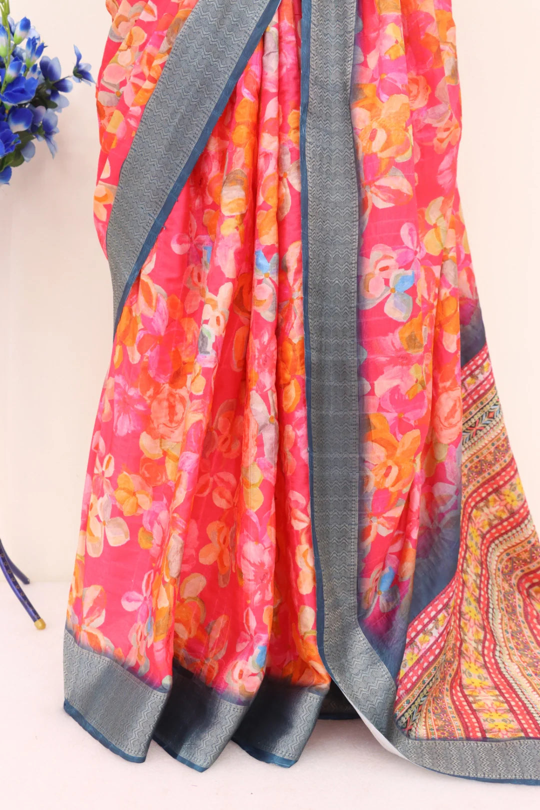 Floral Pink Printed Saree Dola Silk