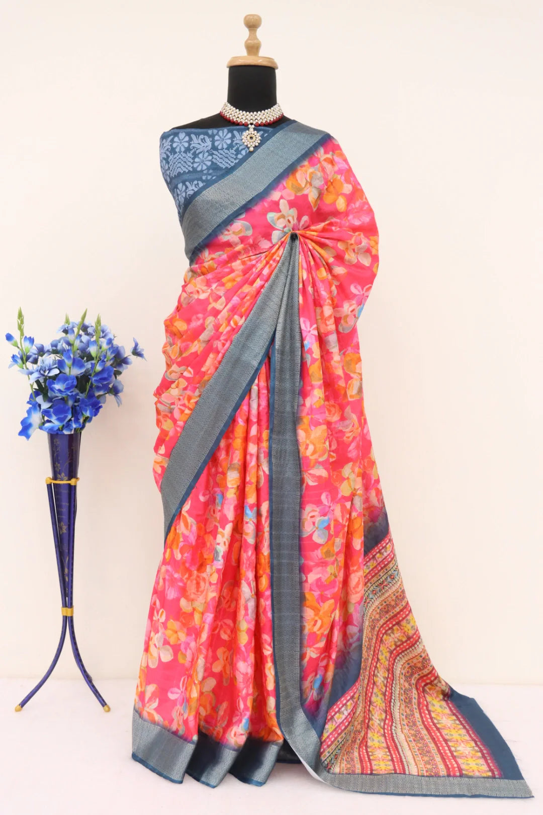 Floral Pink Printed Saree Dola Silk