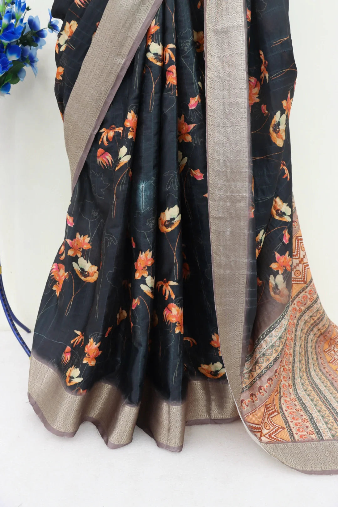 Black Floral Silk Saree