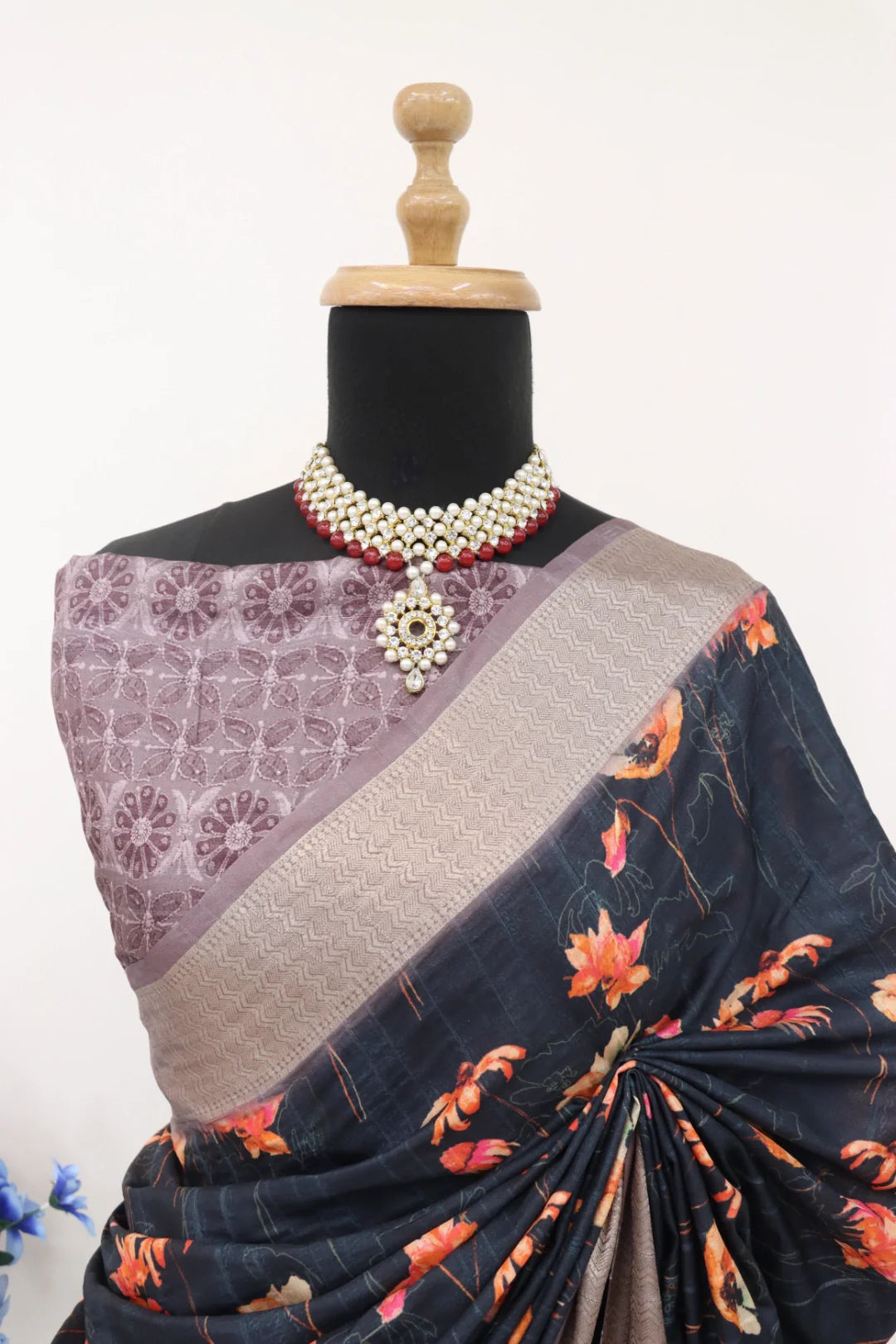 Black Floral Silk Saree