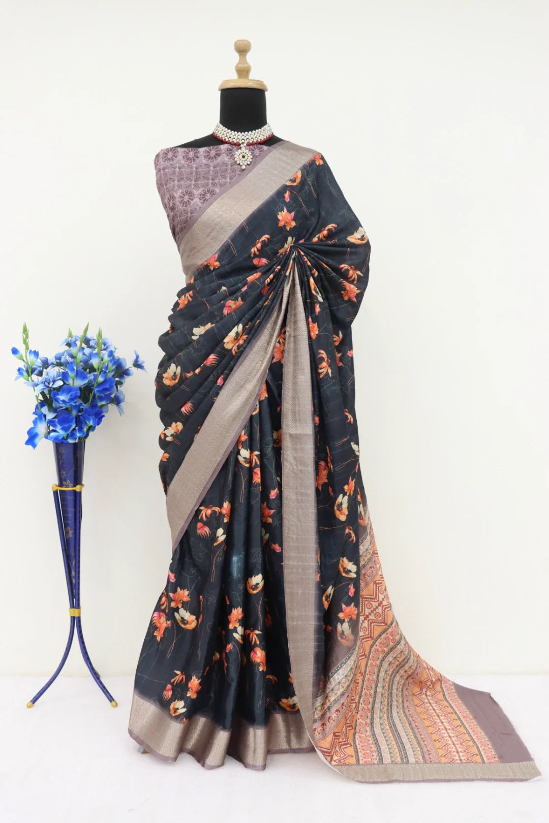 Black Floral Silk Saree