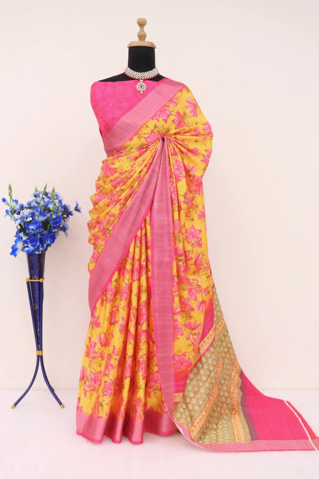 Lemon Yellow Silk Saree with Pink Border