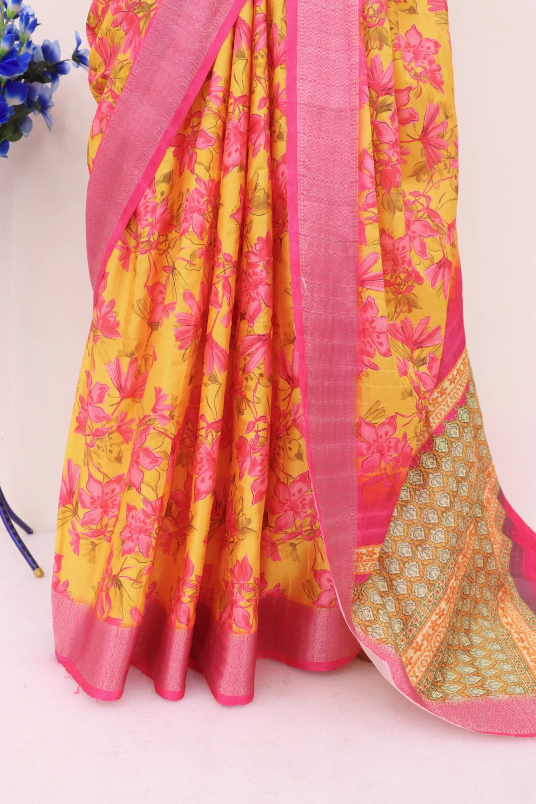 Lemon Yellow Silk Saree with Pink Border