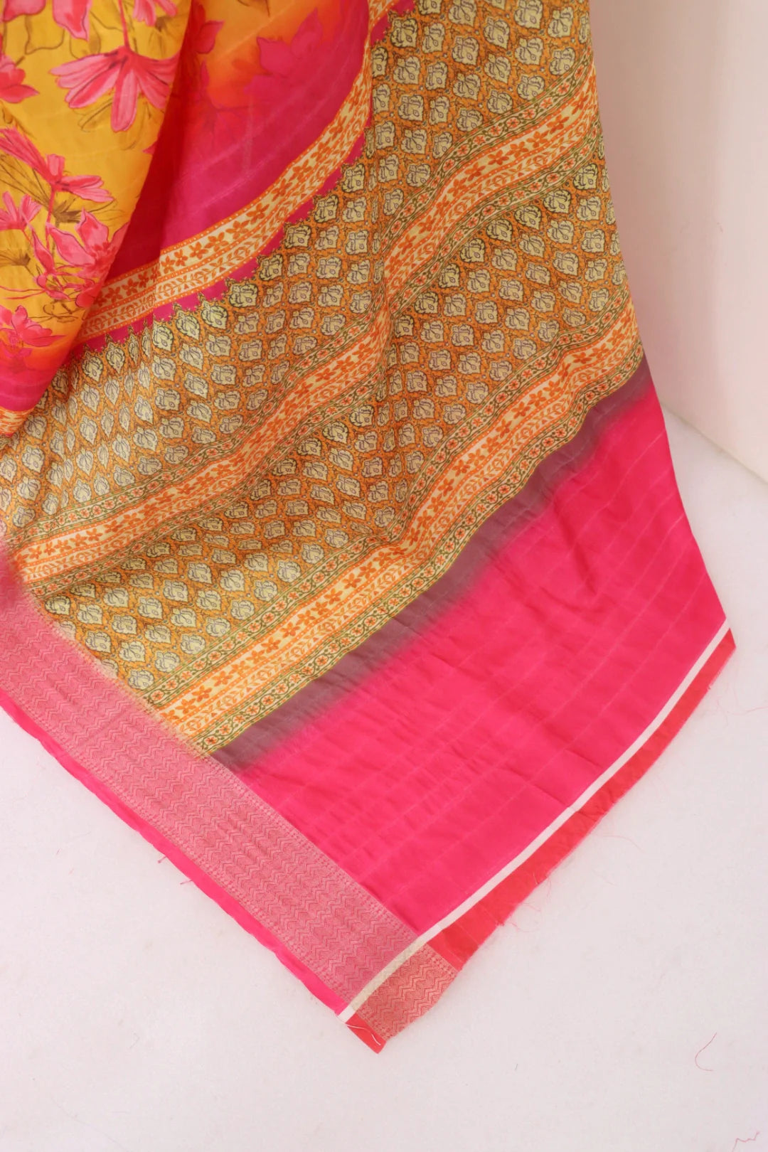 Lemon Yellow Silk Saree with Pink Border