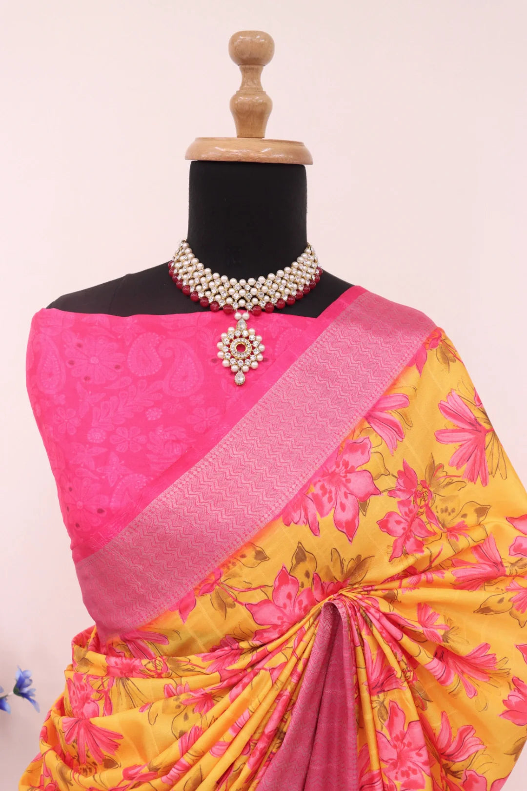 Lemon Yellow Silk Saree with Pink Border