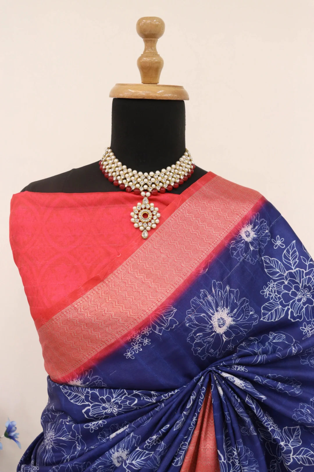 Navy Blue Silk Saree with Red Border