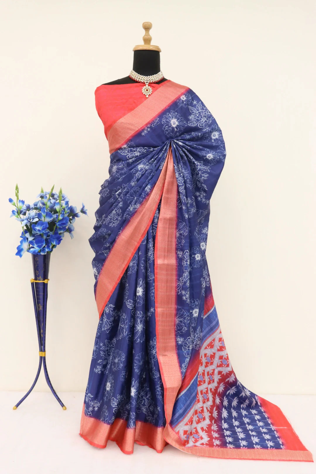 Navy Blue Silk Saree with Red Border