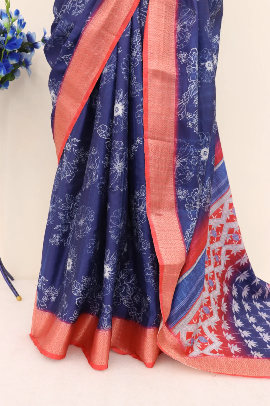 Navy Blue Silk Saree with Red Border