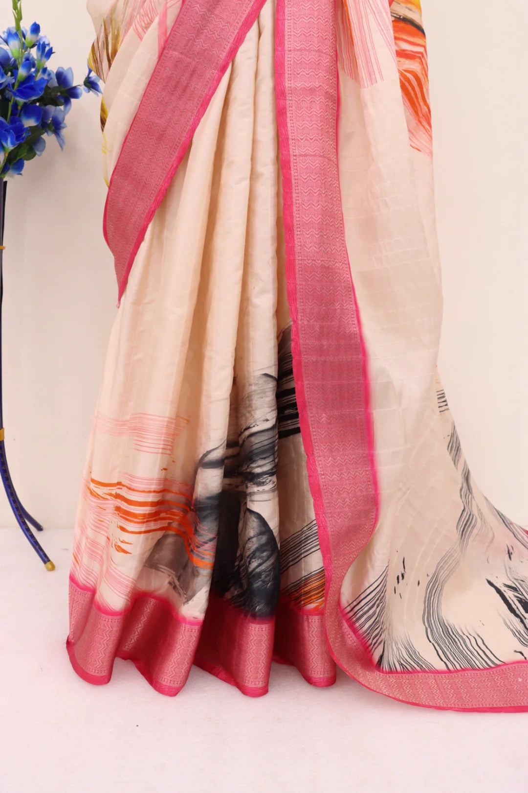 Cream Colour Silk Saree with Pink Border