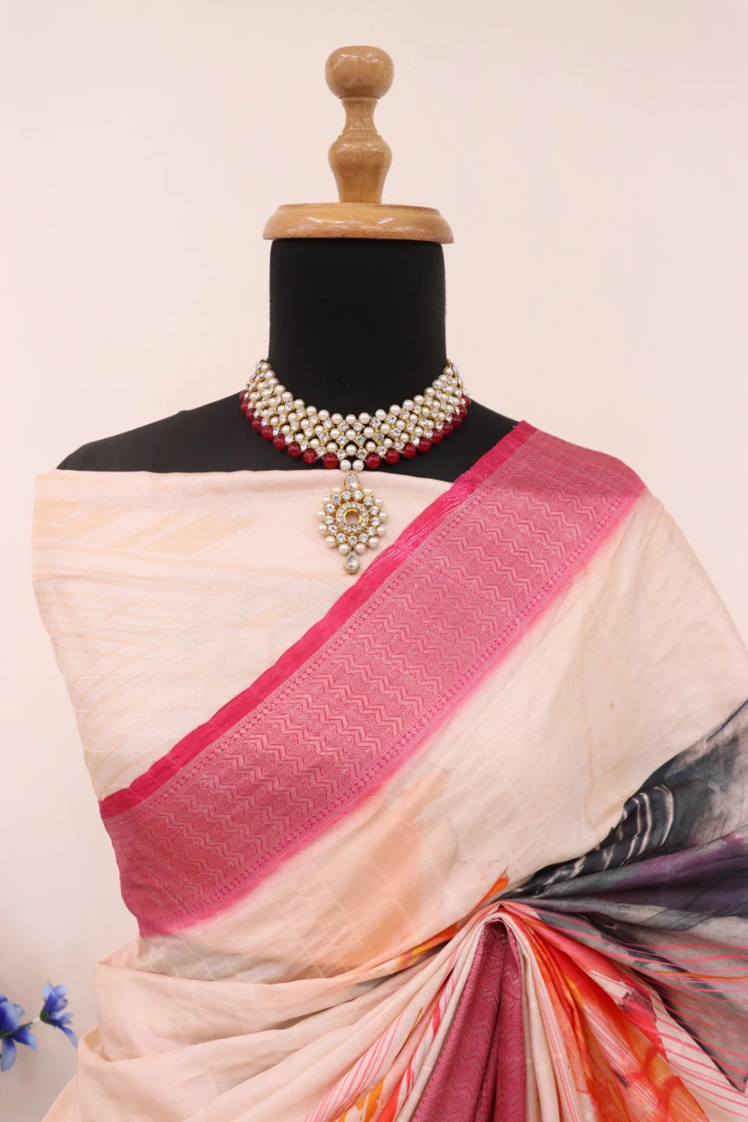 Cream Colour Silk Saree with Pink Border