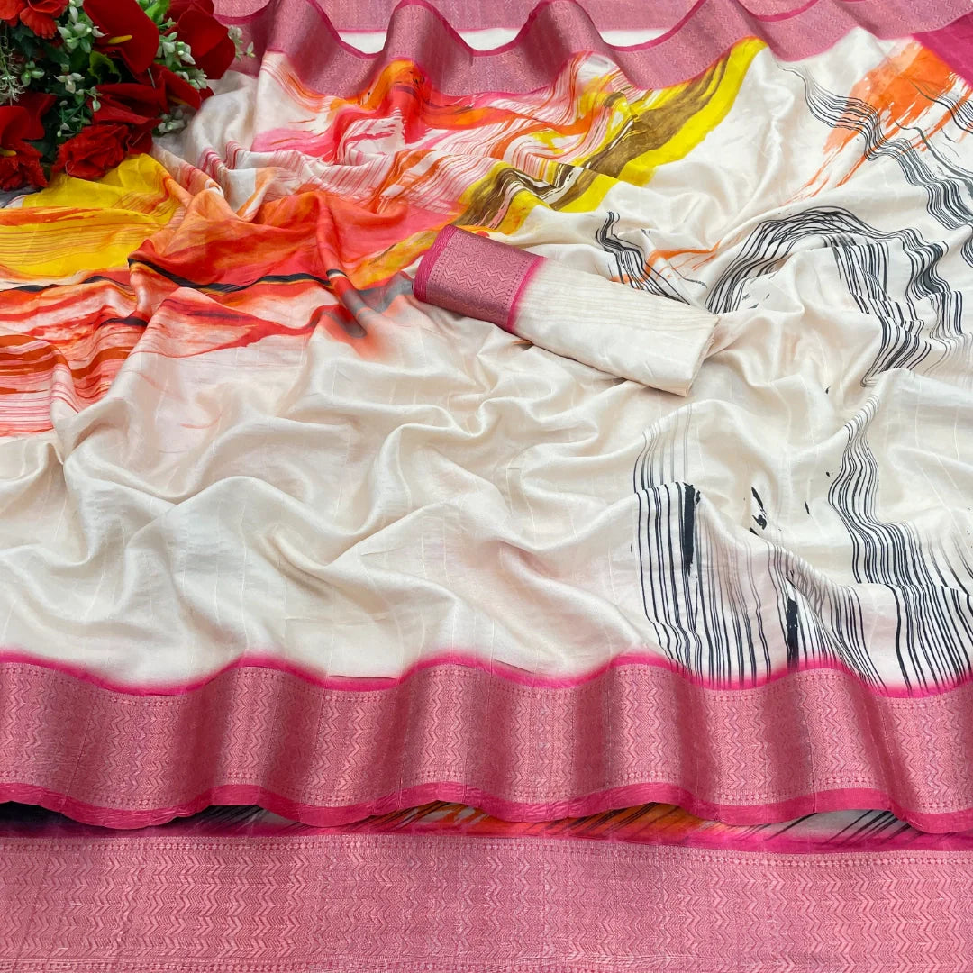 Cream Colour Silk Saree with Pink Border