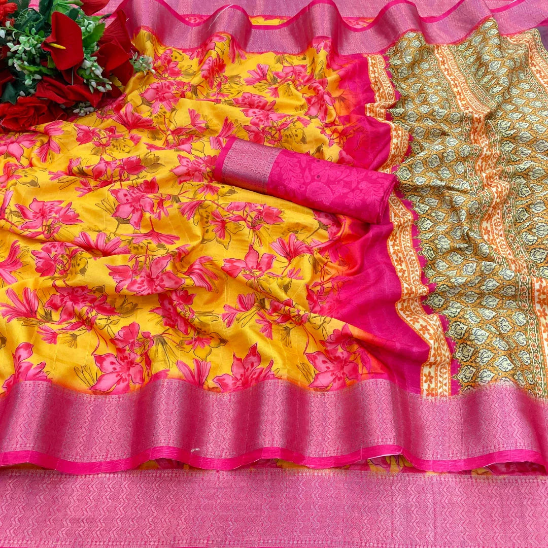 Lemon Yellow Silk Saree with Pink Border