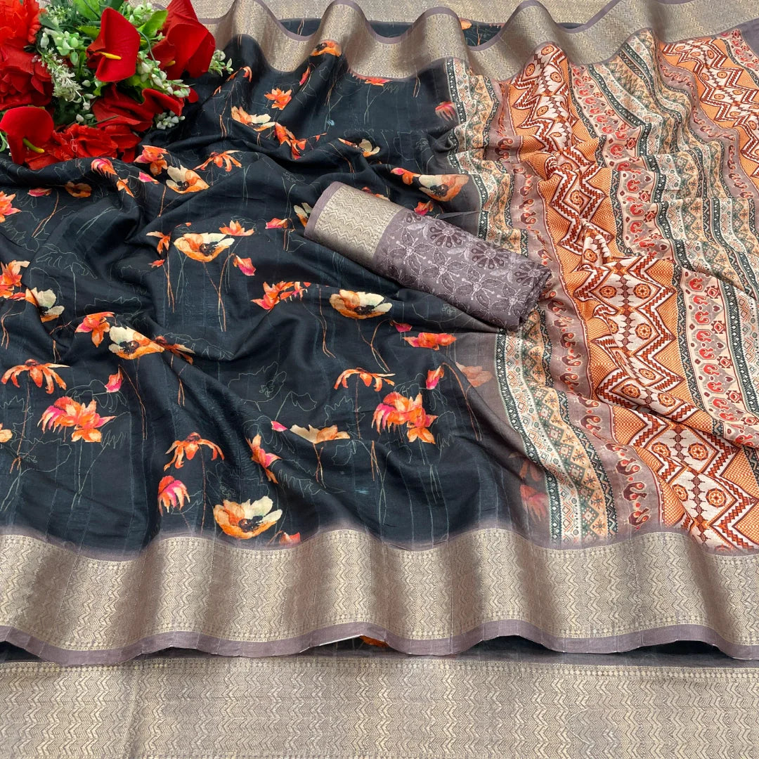 Black Floral Silk Saree