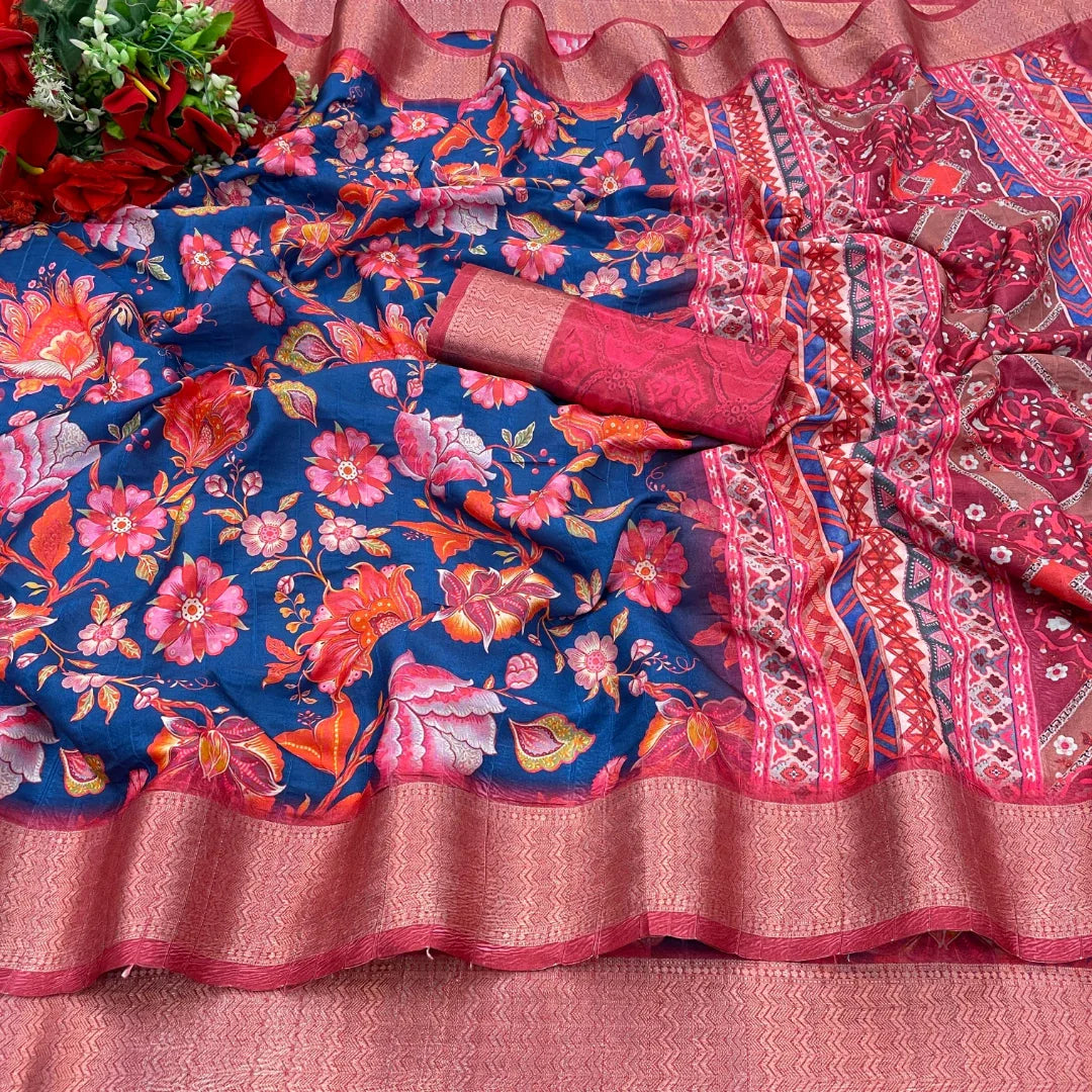 Dark Pink and Blue Silk Saree