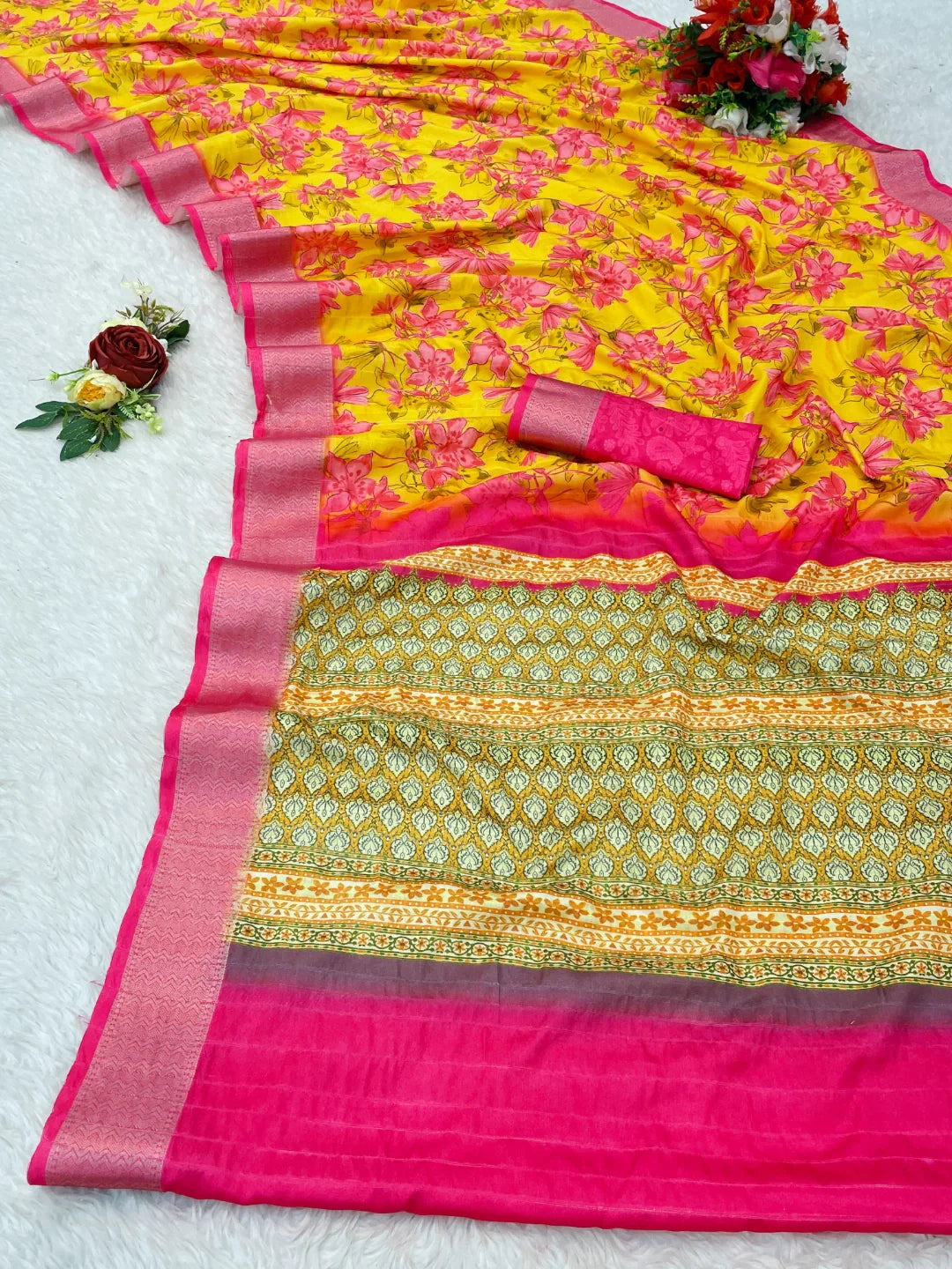 Lemon Yellow Silk Saree with Pink Border