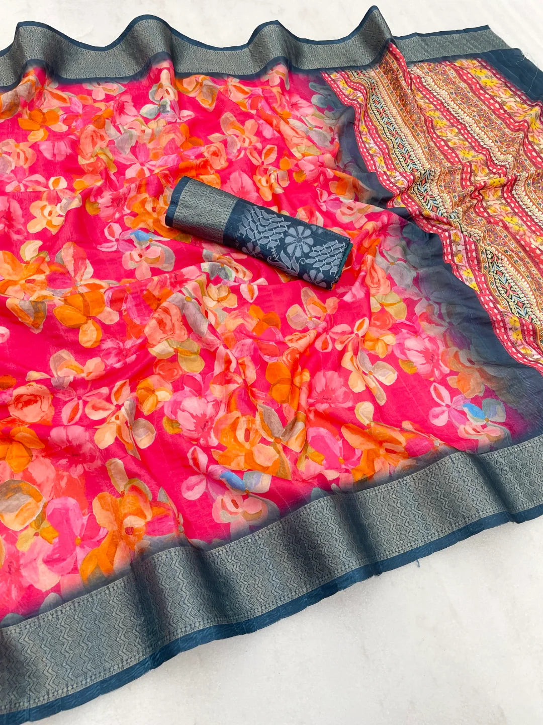 Floral Pink Printed Saree Dola Silk