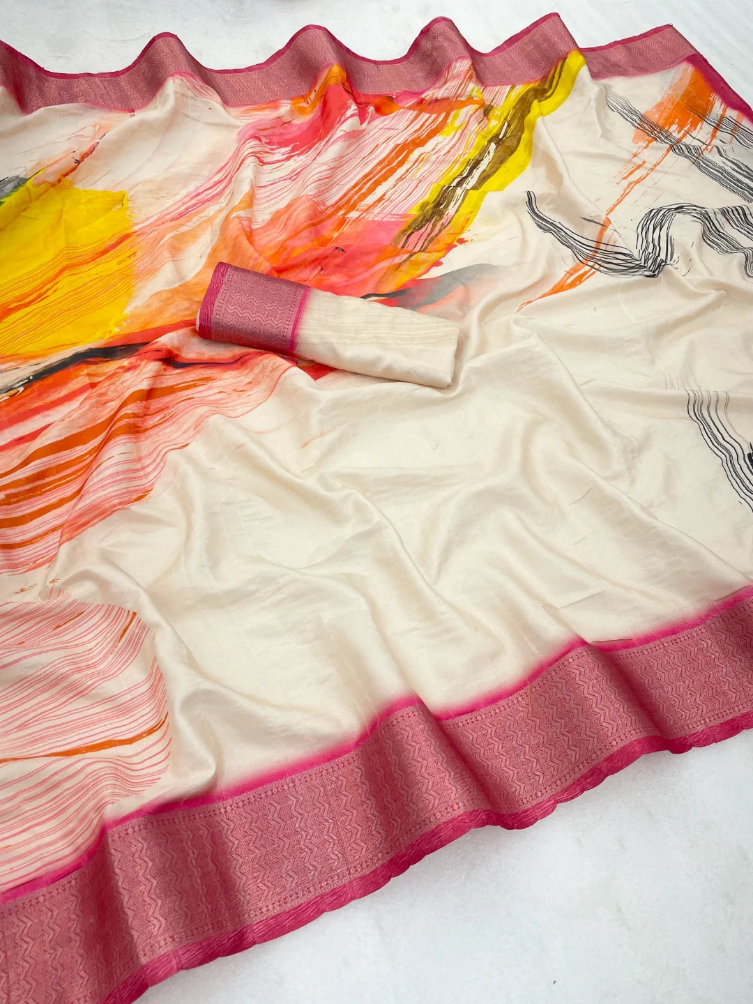 Cream Colour Silk Saree with Pink Border