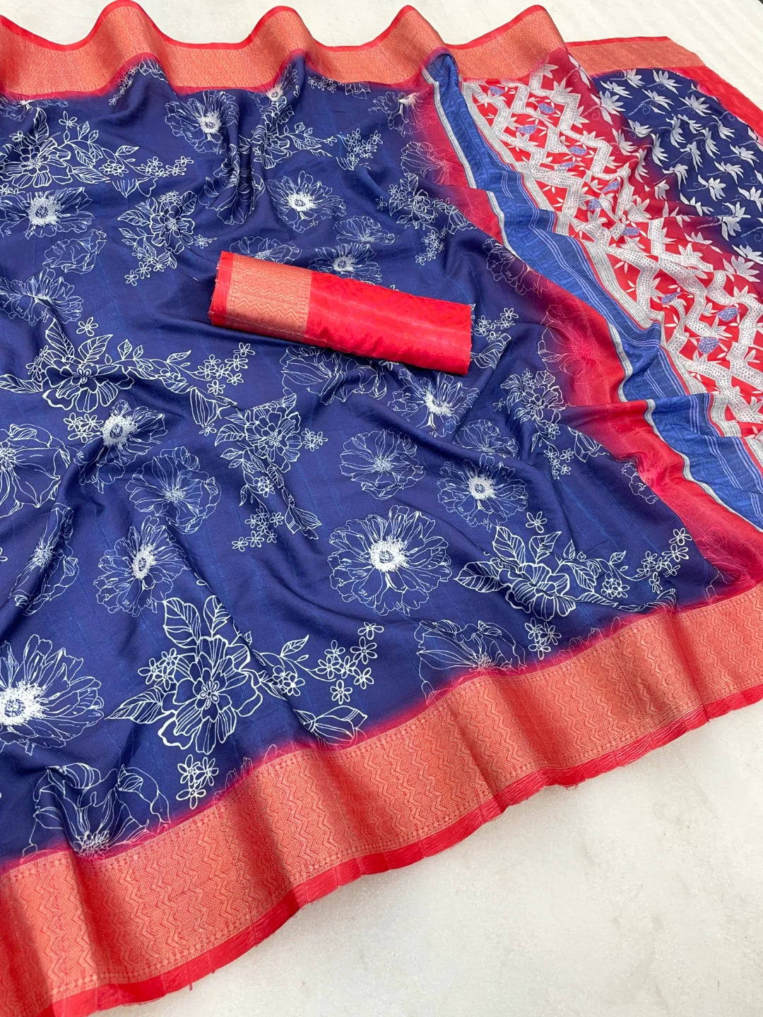 Navy Blue Silk Saree with Red Border