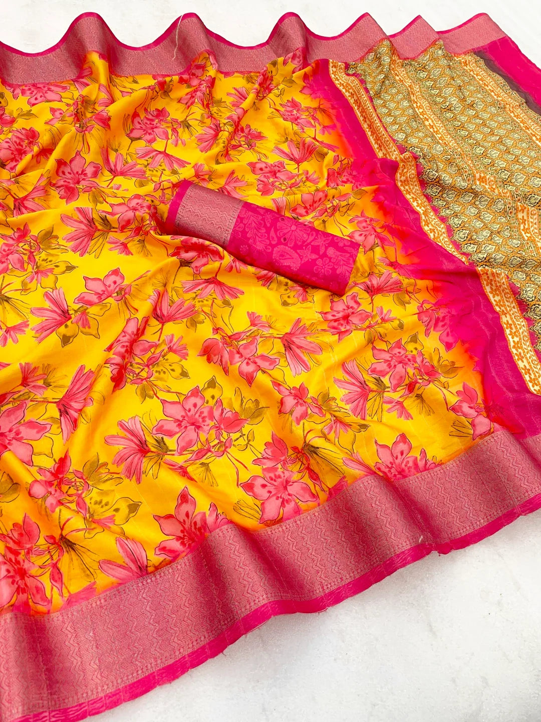 Lemon Yellow Silk Saree with Pink Border