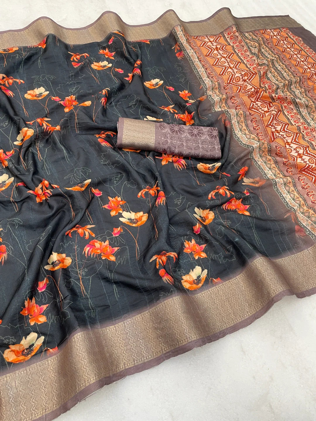 Black Floral Silk Saree