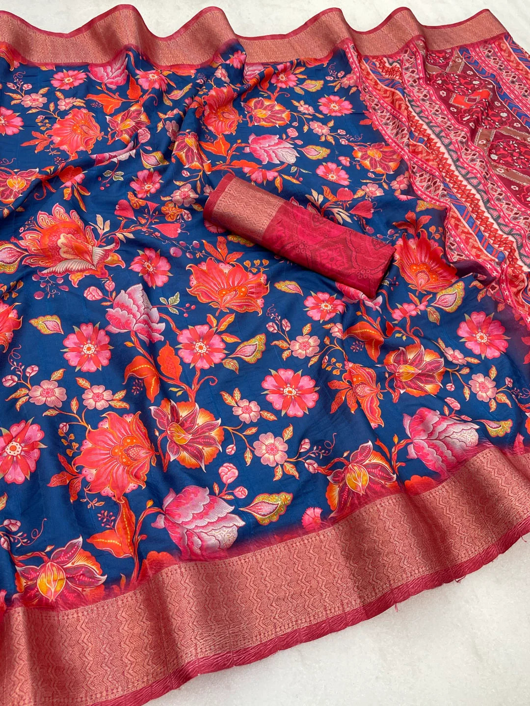 Dark Pink and Blue Silk Saree