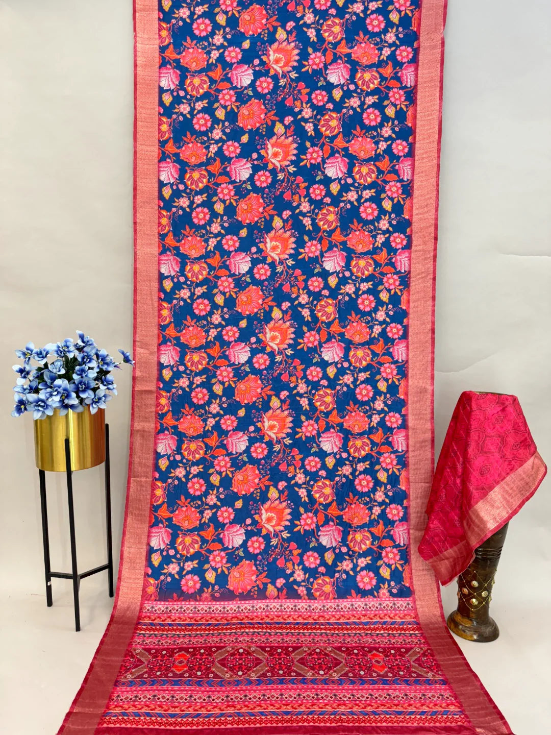 Dark Pink and Blue Silk Saree