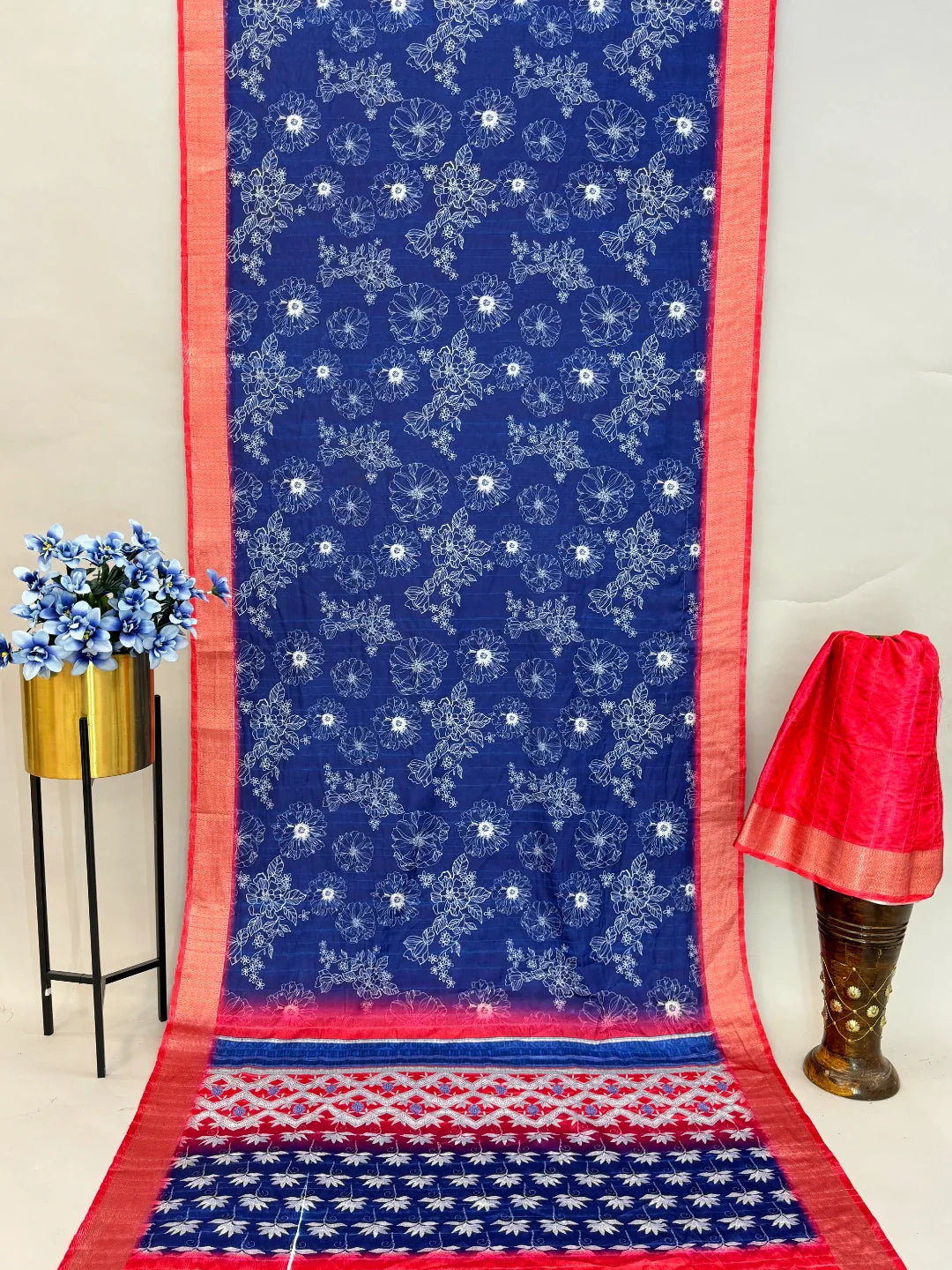 Navy Blue Silk Saree with Red Border